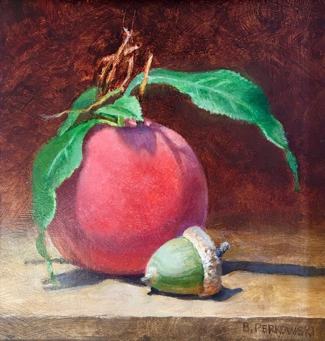 Bob Perkowski	, <i>	Summer Peach with Green Acorn	, </i>	oil	, 	$500	, 	6 x 6
