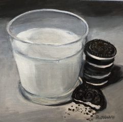 Dawn Bisharat, "Milk and Cookies", acrylic, 8x8, $225