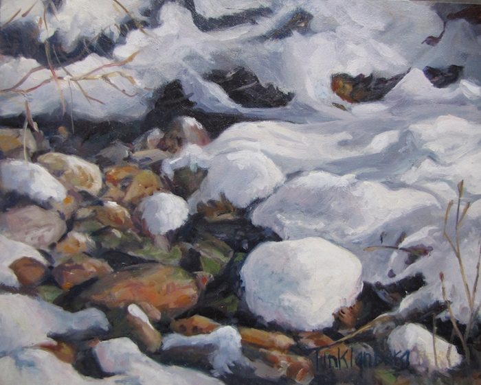 Beverly Tinklenberg, "Winter Brook", oil, 8x10, $250