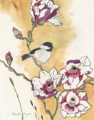 Pamela Morgan, "Chickadee with Magonlias", watercolor, 10x8, $540