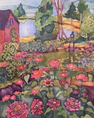 Katherine Clarkson, "Backyard with Zinnias", watercolor, 9x12, $500