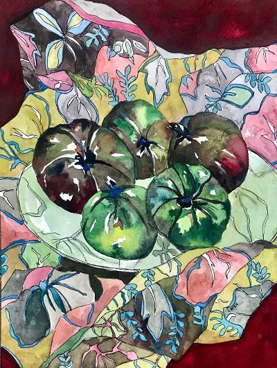 Claudia VanNes, "Five Green Tomatoes", watercolor, 9x12, $375