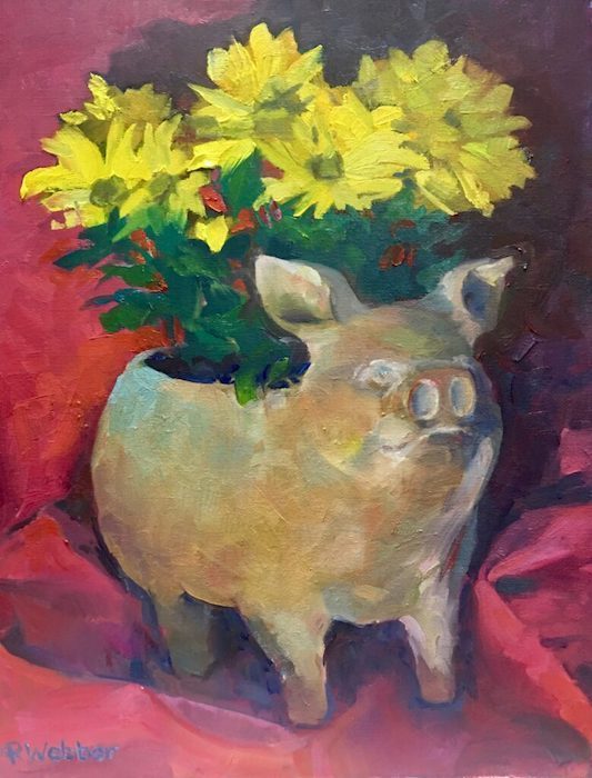 Rosemary Webber, "Mums for Miss Piggy Pot", oil, 18x15, $410