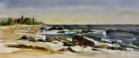Lisa Miceli, "South Beach, Fisher’s Island", Watercolor on paper, 9x21, $600