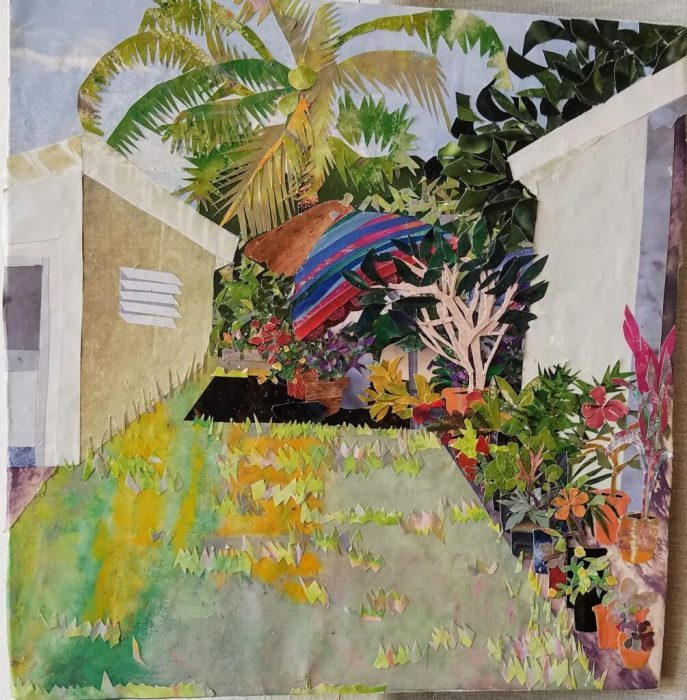 Candice Weigle-Spier, "Backyard, Flamenco Beach", Collaged cut paper on plywood., 10.5x10.5, $450