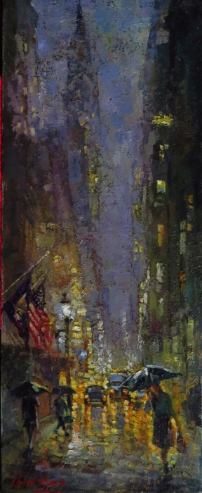 Christopher Zhang, "Rainy Evening", oil, 30x12, $4,900