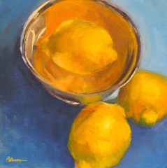 Patricia Shoemaker, "Lemons on Blue", oil, $600