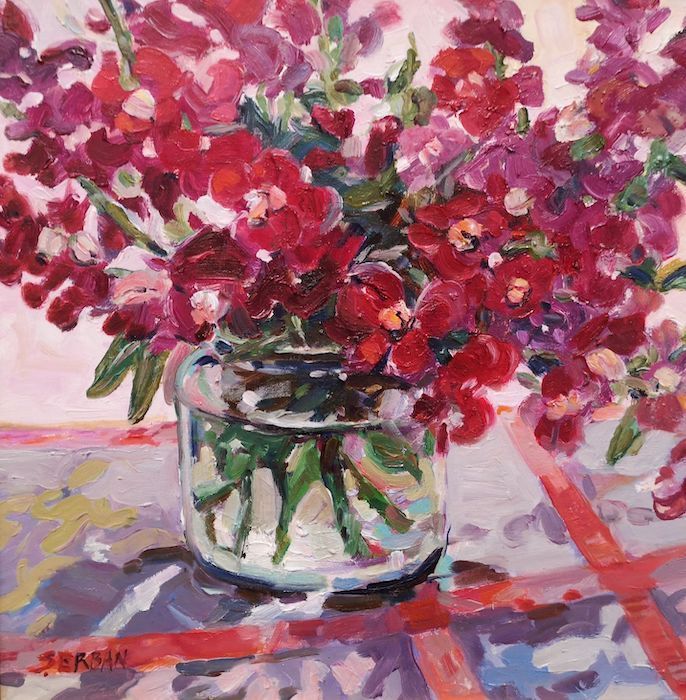 Blanche Serban, "Red Snapdragons", oil, 12 x 12, $450