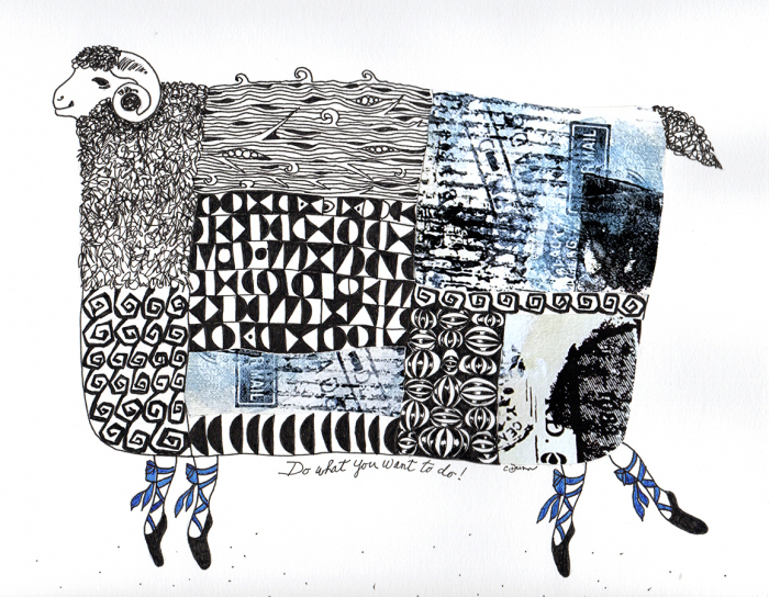 Carol Dunn, "Do What You Want to Do", collage, pen & ink, $175, 15x14"