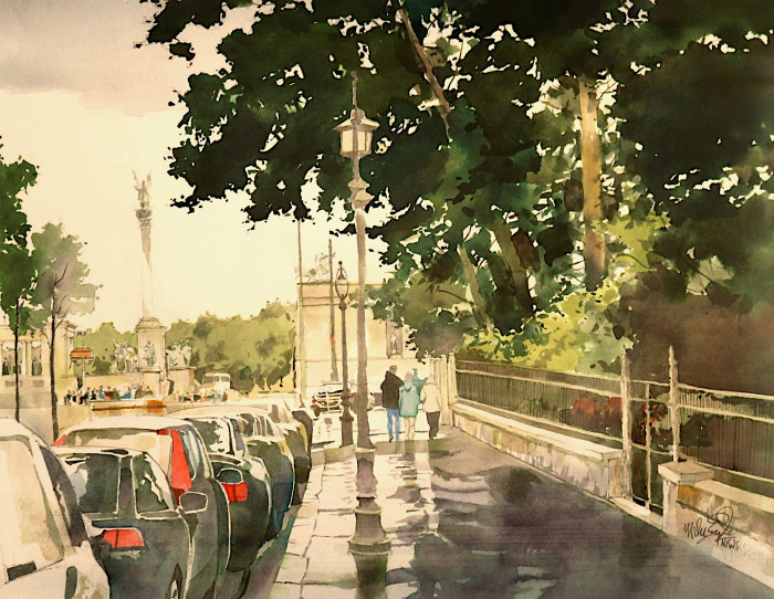 Mike Eagle, "Toward Heroes' Square, Budapest", watercolor, $600, 21x27"