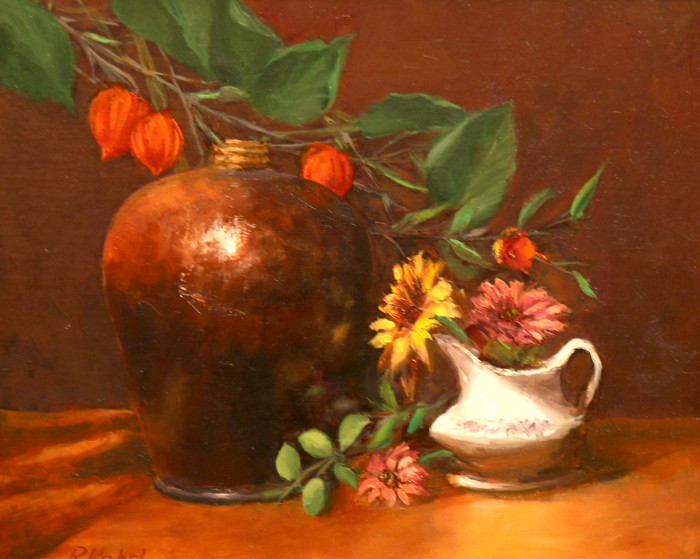 Randie Kharl, "Bougainvillea & Copper", oil, $895, 11x14"