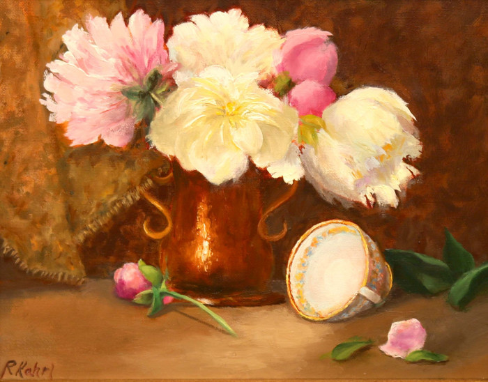 Randie Kharl, "Tipsy Tea Cup", oil, $895, 11x14"