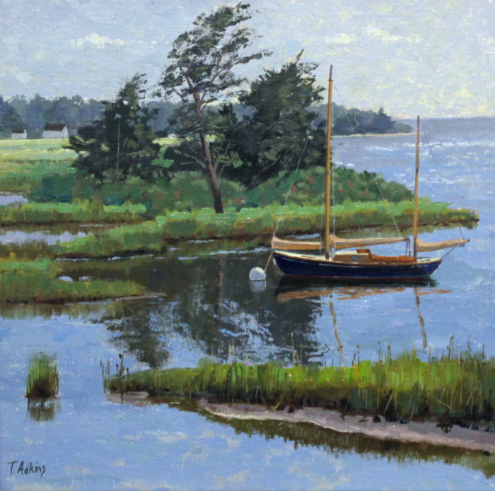 Adkins, Thomas, Catboat Mooring, Oil, $1800, 12x12"