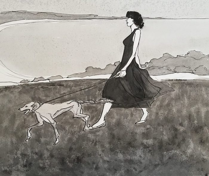 Kelbaugh_Pat_WalkingHerDog_indiaink_16x20_275