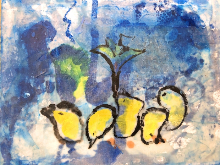 Mansell_Catherine_Five-Crazy-Chicks_sumi-e-encausticmonoprint_11-x14_-700