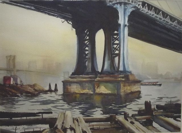 Acosta View View from Manhatten Bridge Brooklyn watercolor