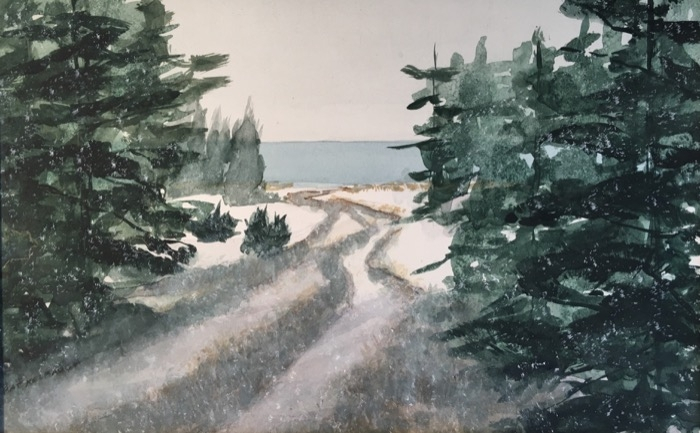 Kelbaugh Beach Path on a Snowy Morning watercolor