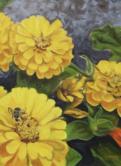 Nickols_Claire_Zinnias-With-a-Snoozing-Bee_oil_18x14_900