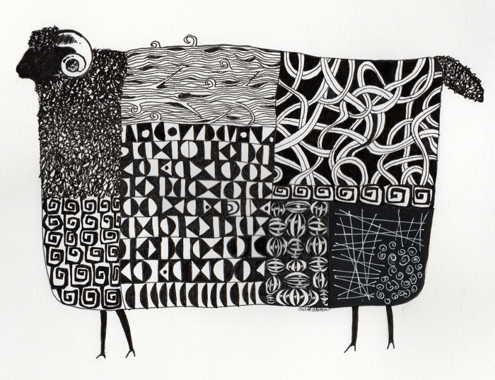 Carol Dunn, "Black Sheep", ink, SOLD