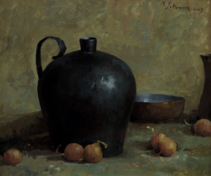 Schwager, Mathew F., "The Patinaed Jug and Onions", Oil, $1600