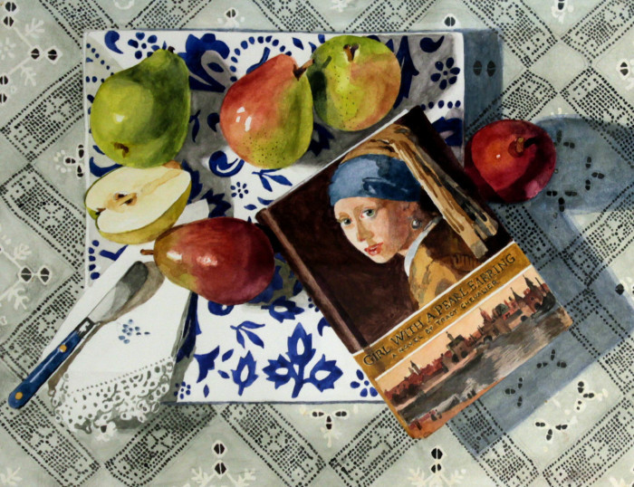 Potter, Jeanne Carol, "Still Life with Pears and Vermeer Book", Watercolor, $1200