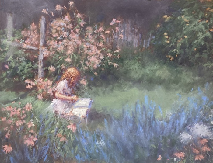 Joann Ballinger, "Storytime in Ms. Florence's Garden", pastel, 9x12, $1,500