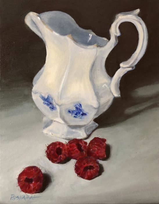 Dawn Bisharat, "Framboises et pot de crème", acrylic, 8x10, $425