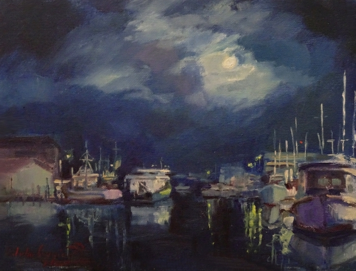 John Caggiano, "Moon Rise on the River", oil, 9x12, $1200