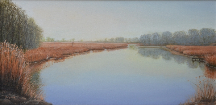Linda Boisvert-DeStefanis, "Mist Over Lyme Marsh", oil, 12x24, $1,150