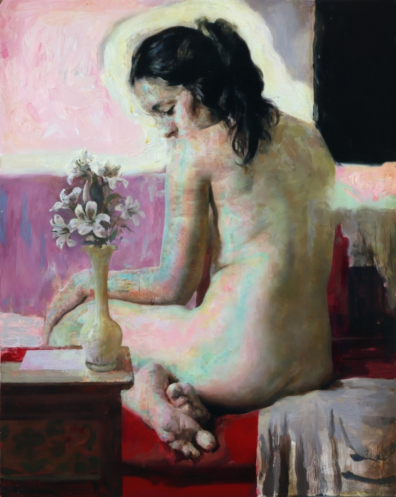 Hollis Dunlap, "Girl with Lilies", oil, 16x20, SOLD