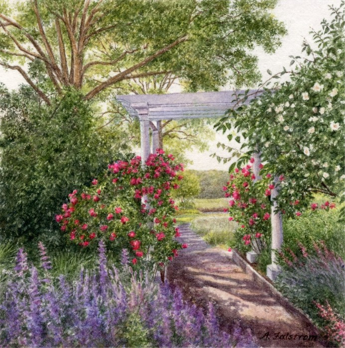 Angie Falstrom, "Evening in the Griswold Garden", watercolor, 3.75x3.75, $1,200