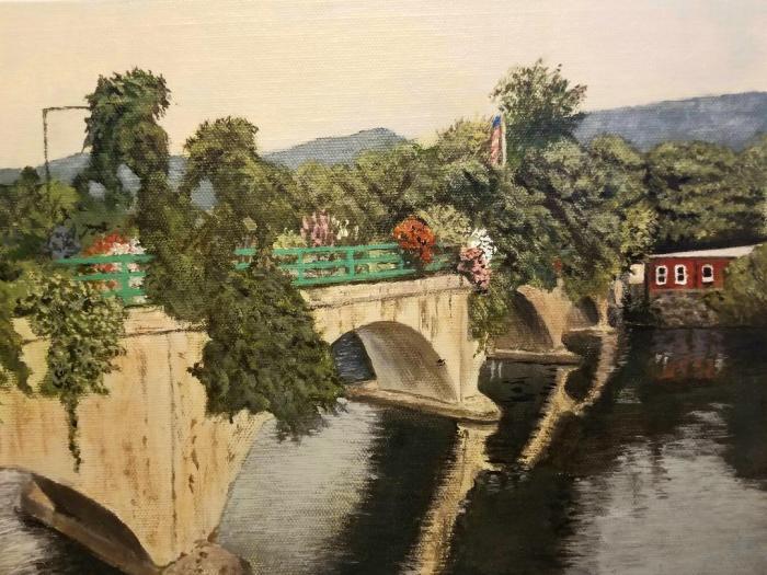 Lois Lawrence, "Bridge of Flowers - Shelburne Falls, MA", acrylic, 9x12, $350