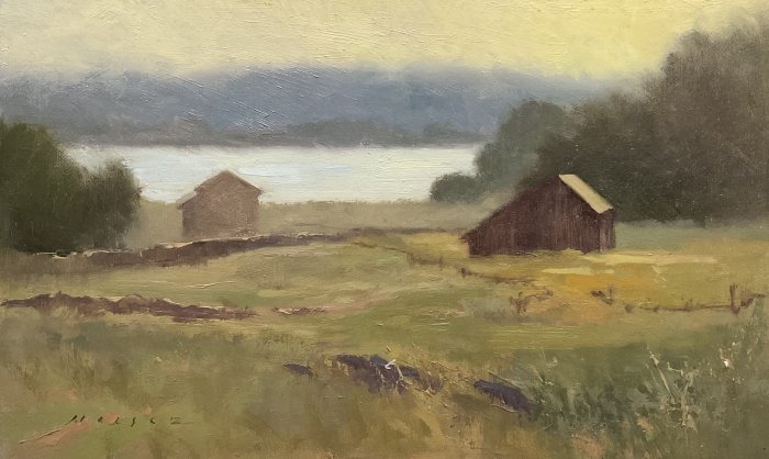 Barbara Maiser, "Misty River Morning", oil, 7x12, $950