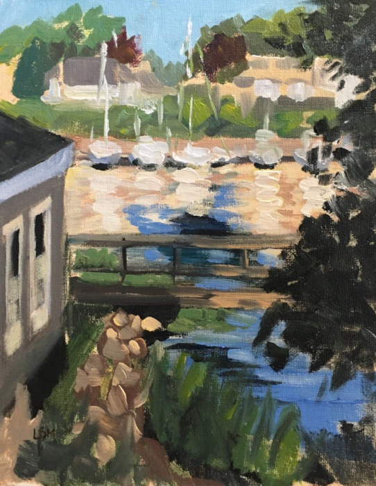 Linda Marino, "Bridge and Boats to Branford Point", acrylic, 10x8, $450