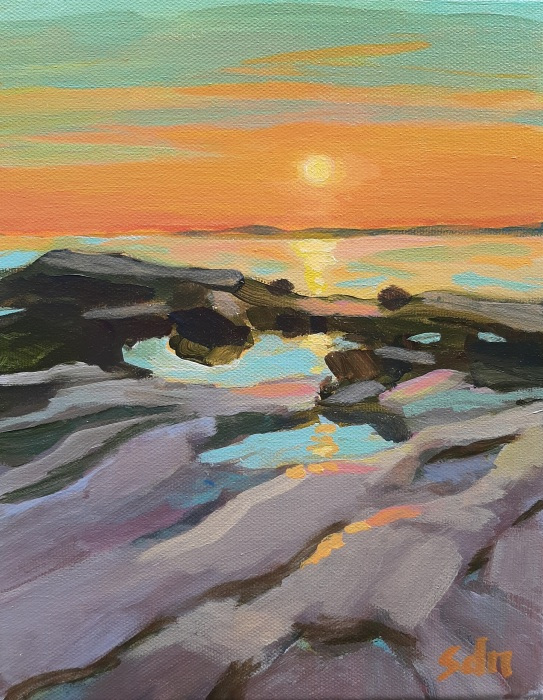 Sara Drought Nebel, "West Wharf Sundown", acrylic, 8x10, $495