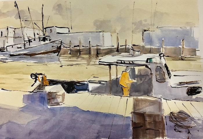 Howard Park, "Unloading at Stonington Town Docks", watercolor, 15x22, $1,000