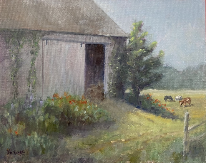 Liane Philpotts, "Who Let the Cows Out?", oil, 8x10, $300