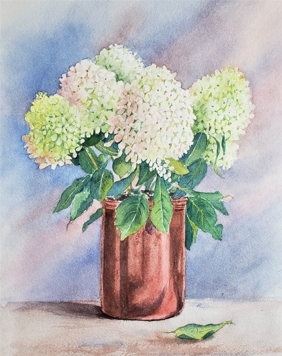 Cora Preibis, "Hydrangea in Copper Pot", watercolor, 15x11, $300