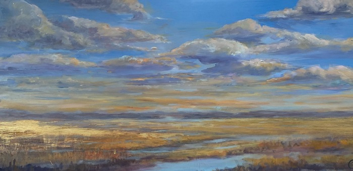 Barbara Rossitto, "Golden Glow Salt Marsh", oil/gold aluminum , 12x24, $900