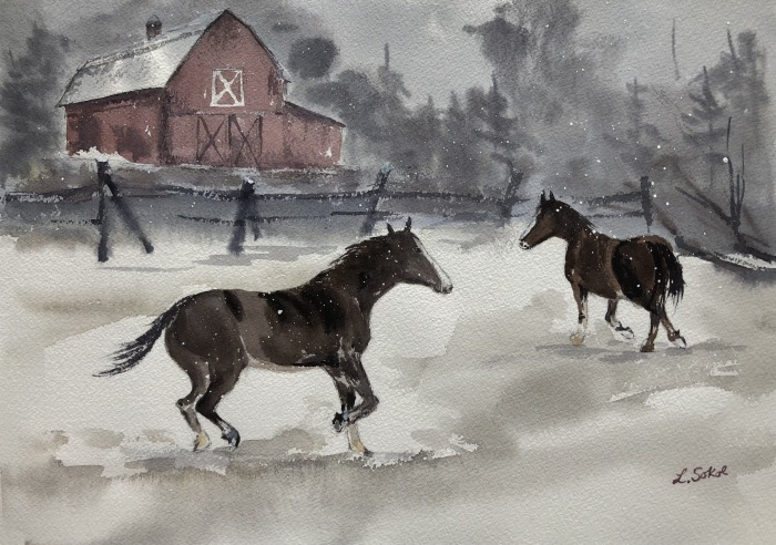 Lucia Sokol, "Horsing Around in Blizzard", watercolor, 10x14, $425