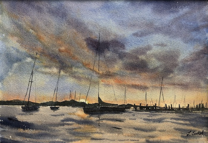Lucia Sokol, "Sunset in Stonington Harbor", watercolor, 10x14, $425