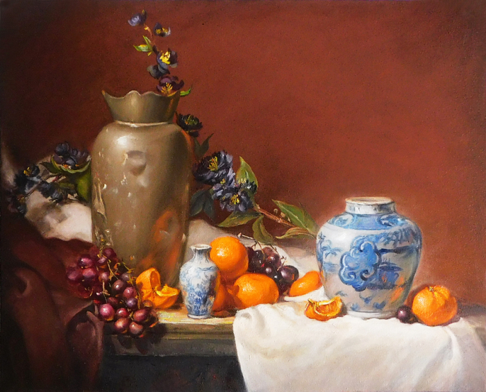 Zhi Li, "Still Life Blue White Vase, Copper w Fruits", Oil, $1,800, 18 x 24