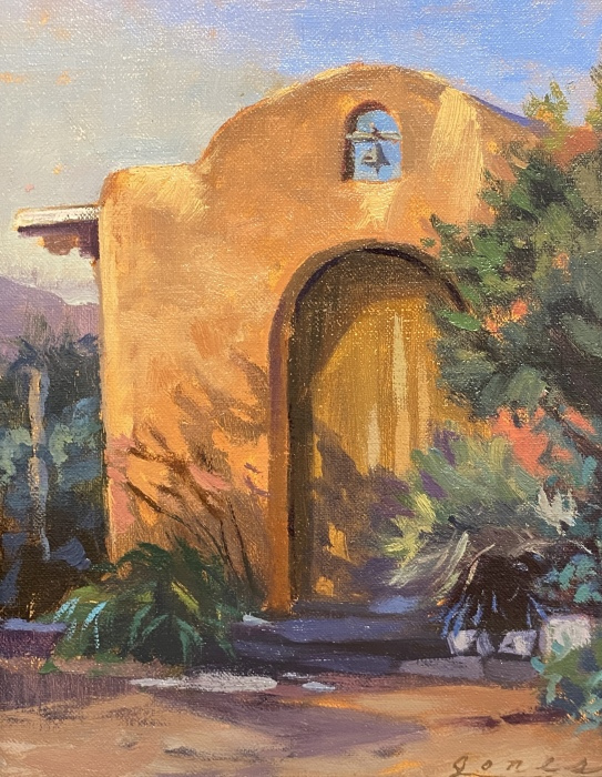 Jacqueline Jones, "The Mission, Taos, NM", oil, 10x8, $975