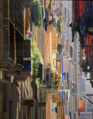 Len Swec, "Barcelona Balconies", acrylic, 20x16, $2,400