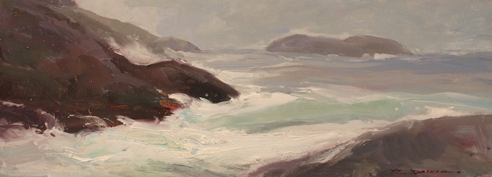 Rick Daskam," Christmas Cove with Rough Sea", oil, 6x16, $1,200