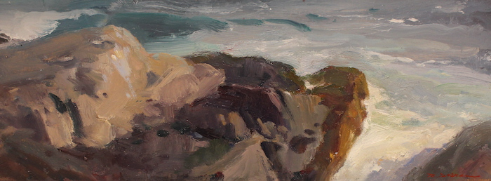 Rick Daskam, "Rock Projection at Sea" , oil, 6x16, $1,200