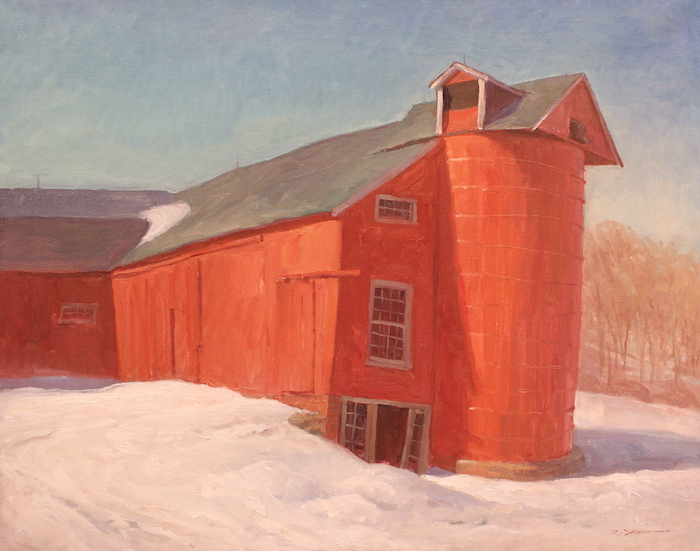 Rick Daskam, "Tilting Red Barn", oil, 24x30, $4,200