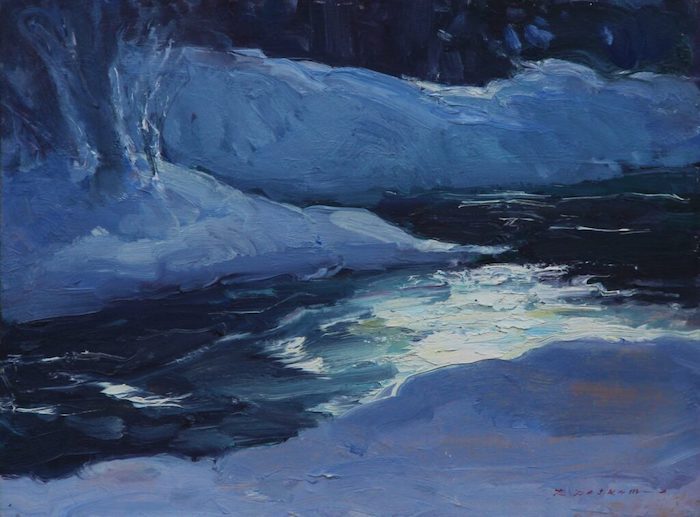 Rick Daskam, "Winter Stream Sun Glare", oil, 9x12, $950