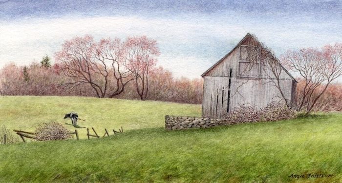 Angie Falstrom, "Out to Pasture", watercolor, 3x5.5, $750