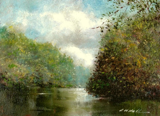 Luther Hall, "Rising Trout on the Shetucket", oil, 6x8, $510